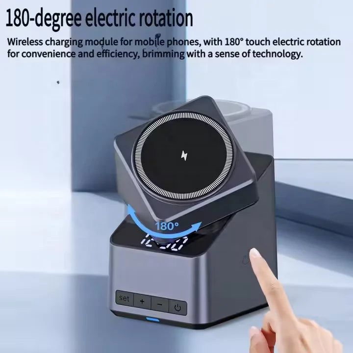 New 15W Fast Charger 180 Degree Touch Rotation Magnetic with Alarm Clock 3 in 1 Wireless Charger for Smart Phone Watch Headset