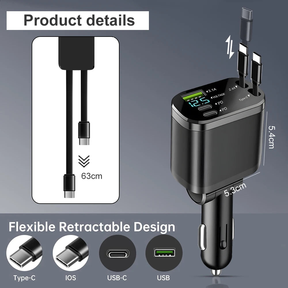 Pd 120W Fast Charging 5 in 1 Retractable Usb Car Charger Type C Adapter Mobile Cell Phone Usb Car Charger with Cables