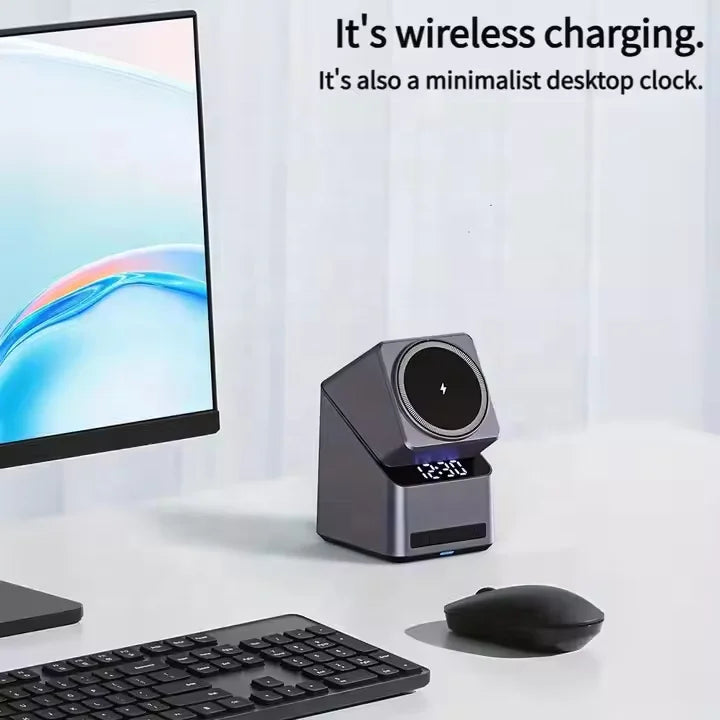 New 15W Fast Charger 180 Degree Touch Rotation Magnetic with Alarm Clock 3 in 1 Wireless Charger for Smart Phone Watch Headset