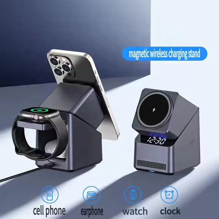 New 15W Fast Charger 180 Degree Touch Rotation Magnetic with Alarm Clock 3 in 1 Wireless Charger for Smart Phone Watch Headset