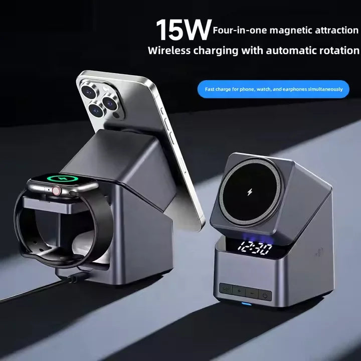 New 15W Fast Charger 180 Degree Touch Rotation Magnetic with Alarm Clock 3 in 1 Wireless Charger for Smart Phone Watch Headset