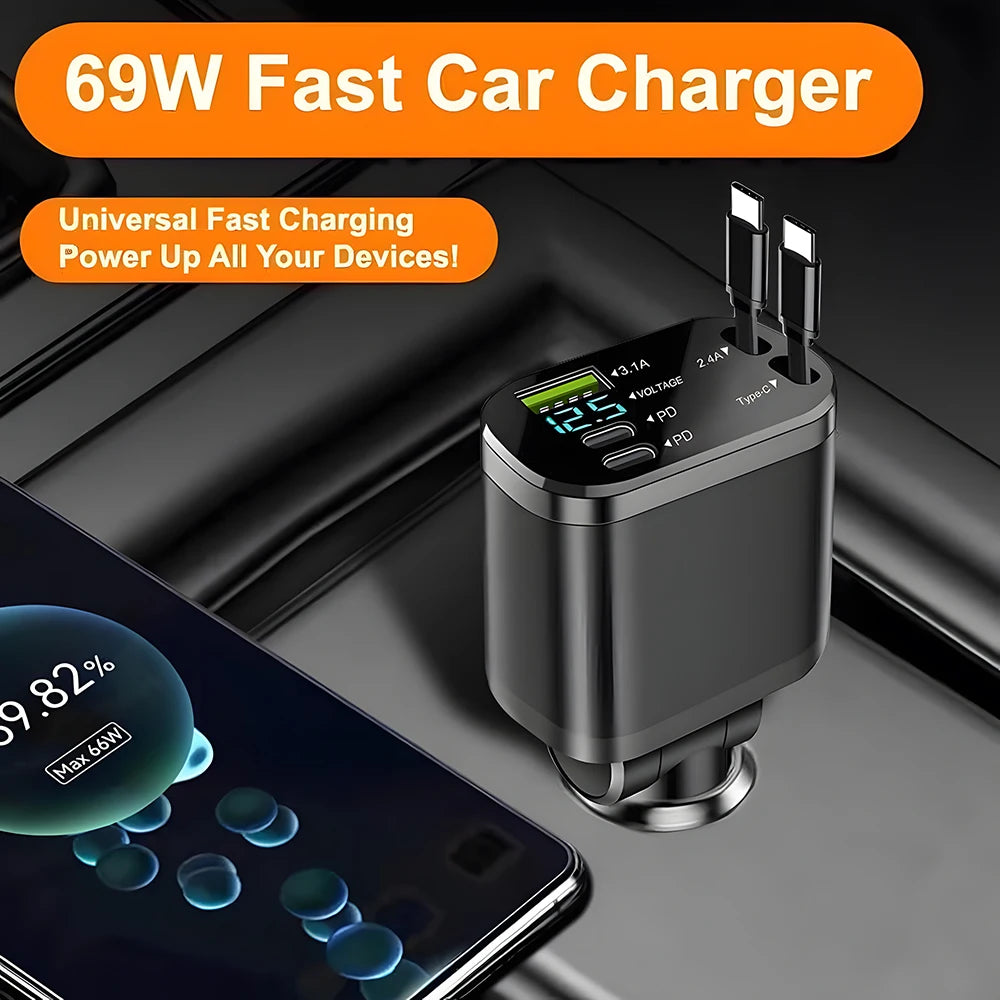 Pd 120W Fast Charging 5 in 1 Retractable Usb Car Charger Type C Adapter Mobile Cell Phone Usb Car Charger with Cables