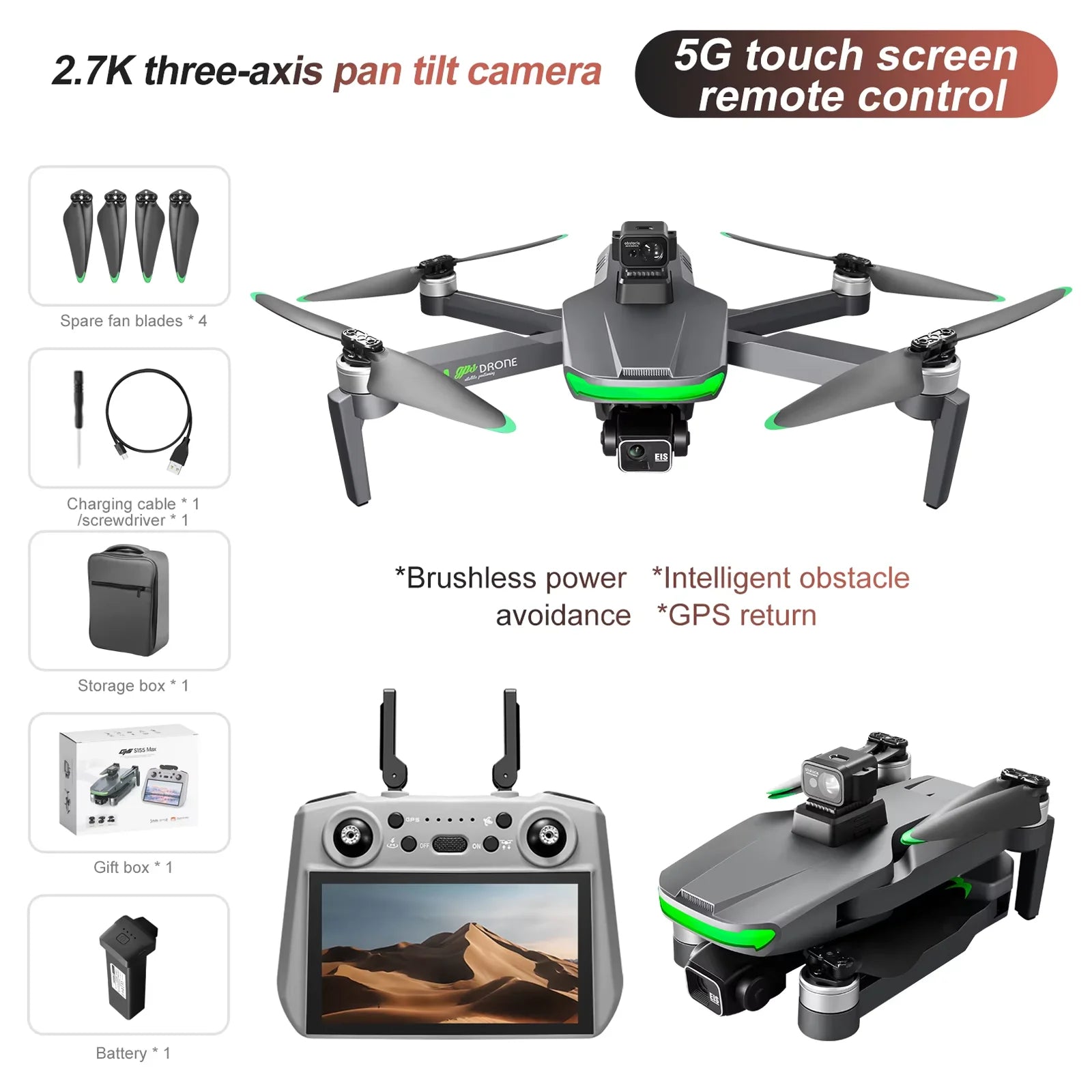 S155 MAX 7.2 Inch Touch Screen Professional 4K Camera Drone GPS 3-Axis Gimbal 360 Obstacle Avoidance FPV Dron S155 Pro Max Drone