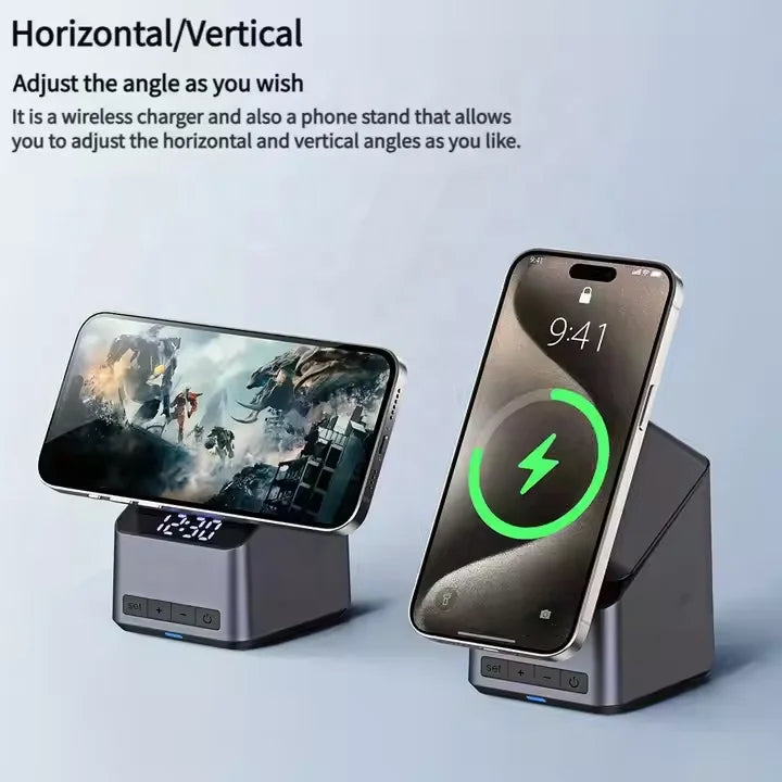 New 15W Fast Charger 180 Degree Touch Rotation Magnetic with Alarm Clock 3 in 1 Wireless Charger for Smart Phone Watch Headset